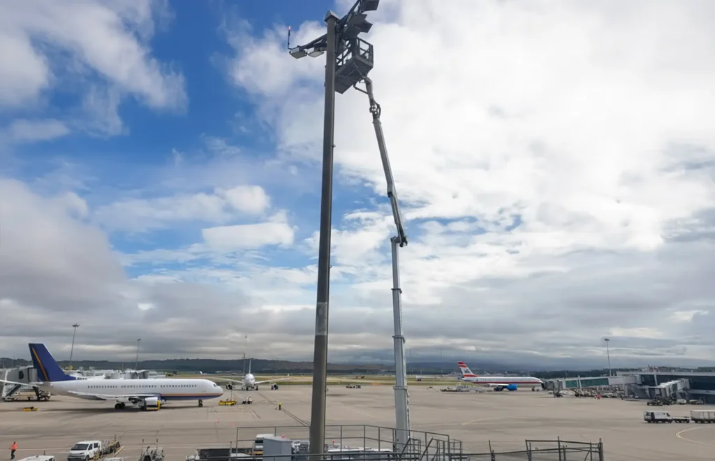 Trabajo con plataforma elevadora de personal de 56m en aeropuerto