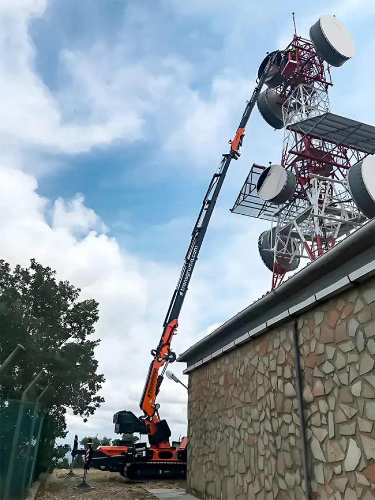 Plataforma de trabajo en minigrúa trabajando